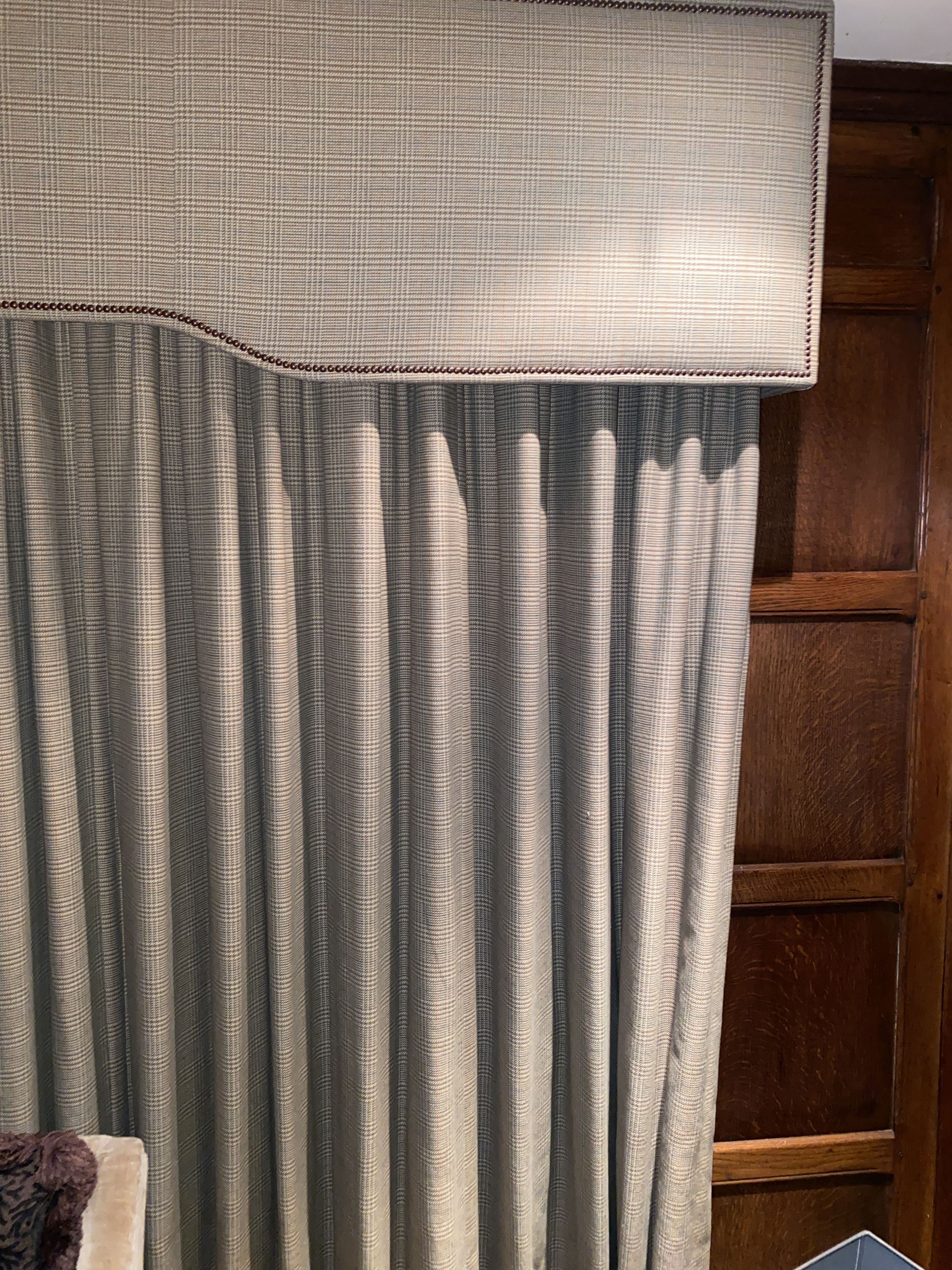 A pair of Ralph Lauren tweed fabric curtains and pelmet, drop 230cm width made to generously made to fit an aperture of 3m